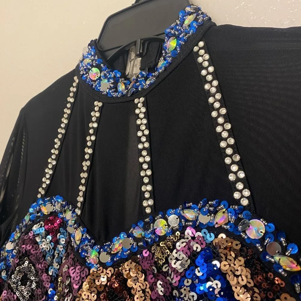 Glamour solo custom dance costume black blue leotard rhinestone LA-Large adult
